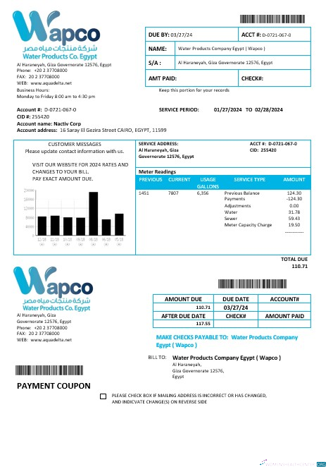 Download Egypt Water Products Company Egypt Wapco business utility bill template Photoshop template